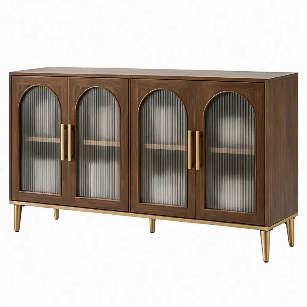 TV-meubel met 4 deuren, geribbeld glas en MDF, 160 x 40 x 80 cm, walnootbruin/grijs/goudkleurig