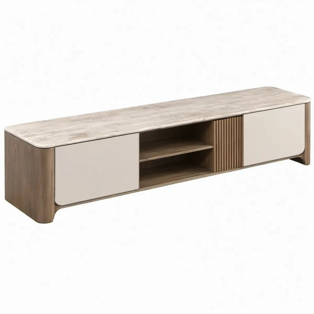 TV-meubel met opbergruimte en gesinterd stenen blad, 200 x 40 x 45 cm, walnoot/beige/grijs-beige