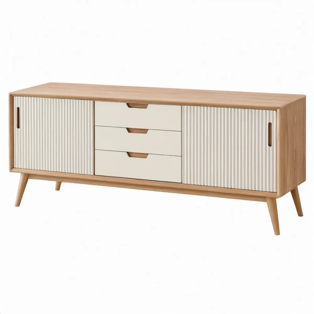 TV-meubel met 2 schuifdeuren en 3 lades, 160 x 40 x 75 cm, naturel eiken/gebroken wit