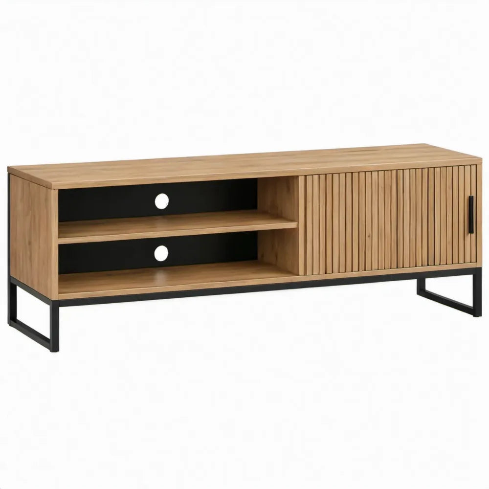 TV-meubel met schuifdeur en open vakken, 140 x 40 x 55 cm, naturel eiken/zwart