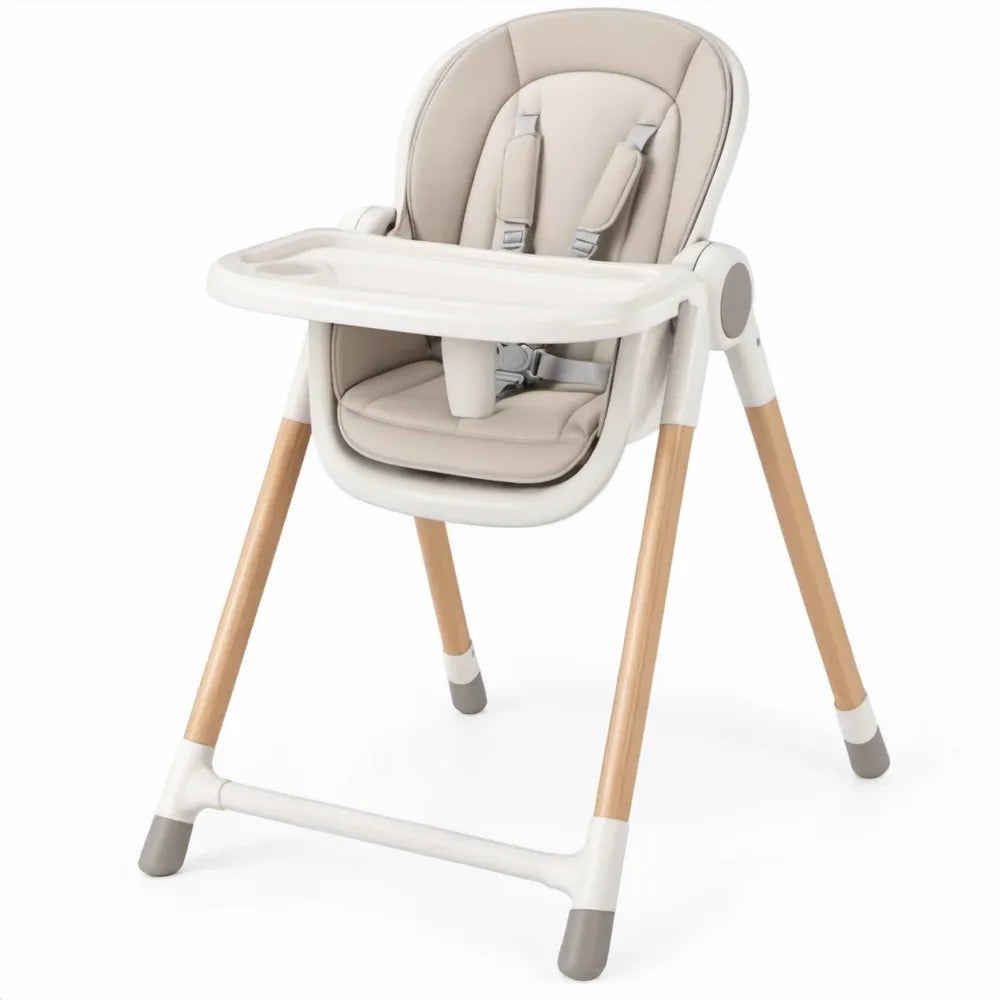 Kinderstoel met eetblad en 5-puntsveiligheidsgordel, beige/wit/naturel/grijs, 60 x 75 x 100 cm