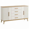 Dressoir met 2 geribbelde deuren en 4 laden, 160 x 40 x 85 cm, wit/naturel