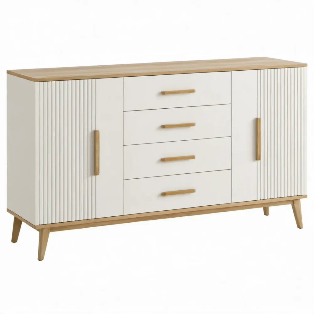Dressoir met 2 geribbelde deuren en 4 laden, 160 x 40 x 85 cm, wit/naturel