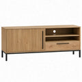 TV-meubel 160 x 40 x 60 cm Naturel Eiken/Zwart met Lattenfront, Lade en Open Vakken