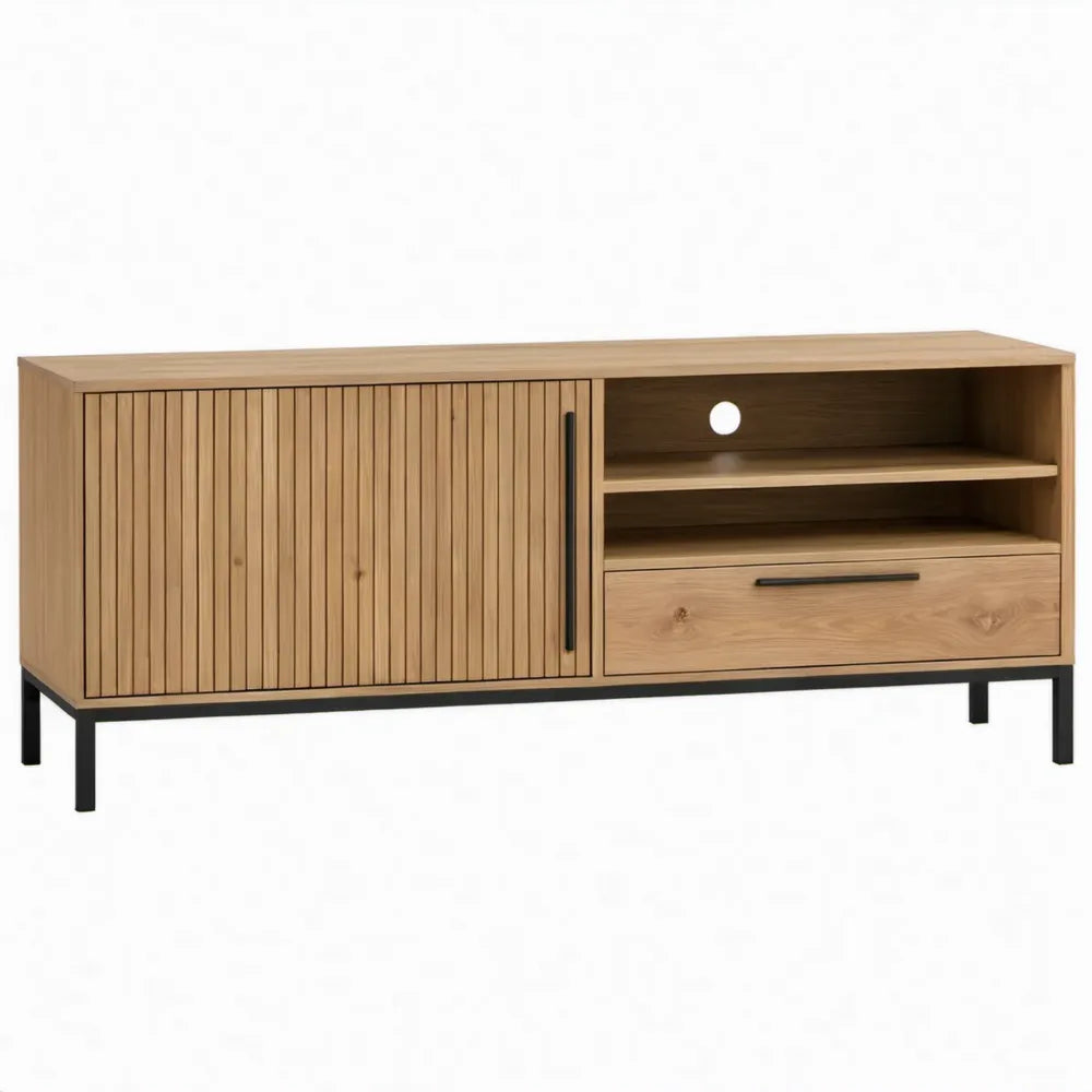 TV-meubel 160 x 40 x 60 cm Naturel Eiken/Zwart met Lattenfront, Lade en Open Vakken