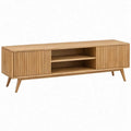 TV-meubel met 2 geribbelde deuren en open vakken, naturel eiken, 160 x 40 x 55 cm