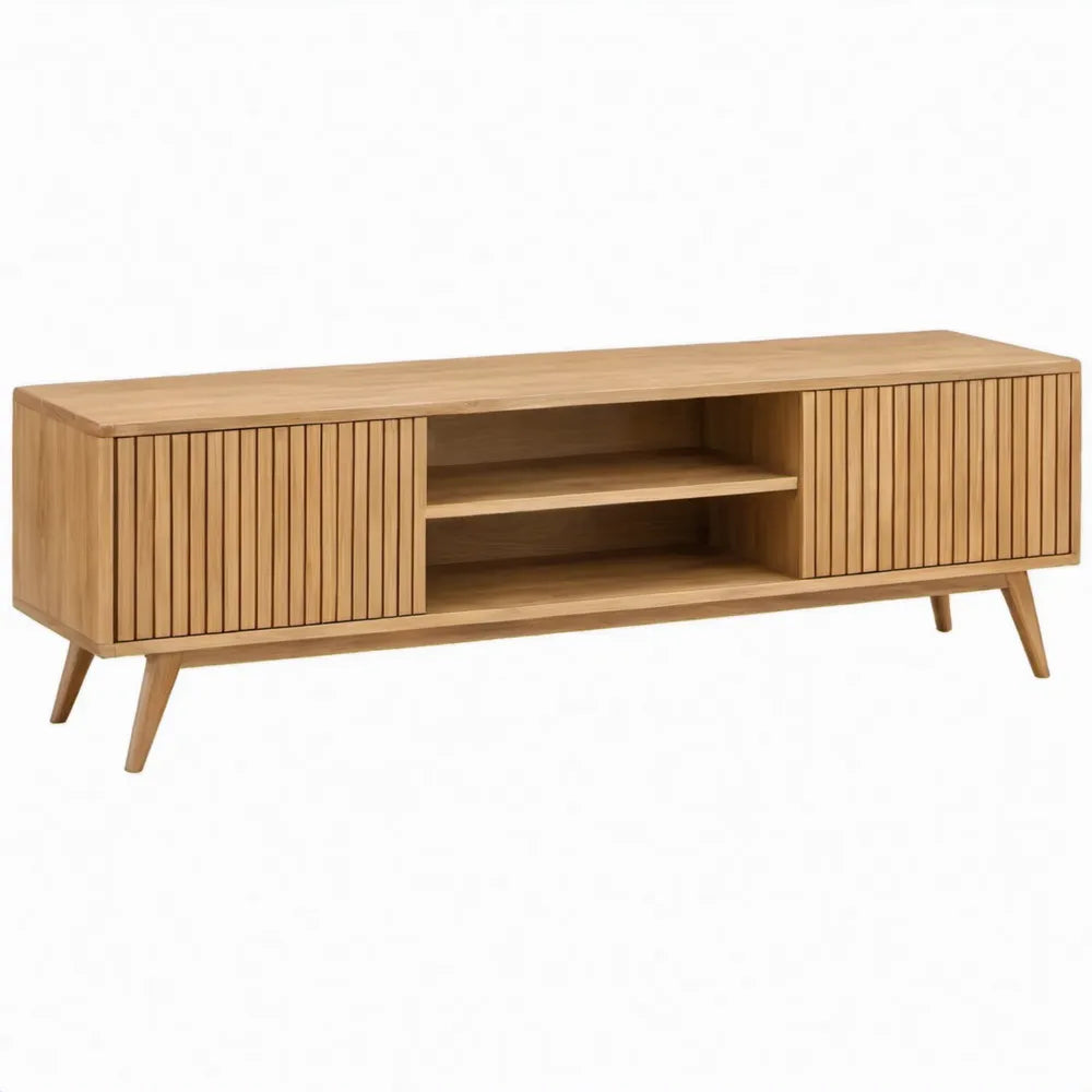 TV-meubel met 2 geribbelde deuren en open vakken, naturel eiken, 160 x 40 x 55 cm