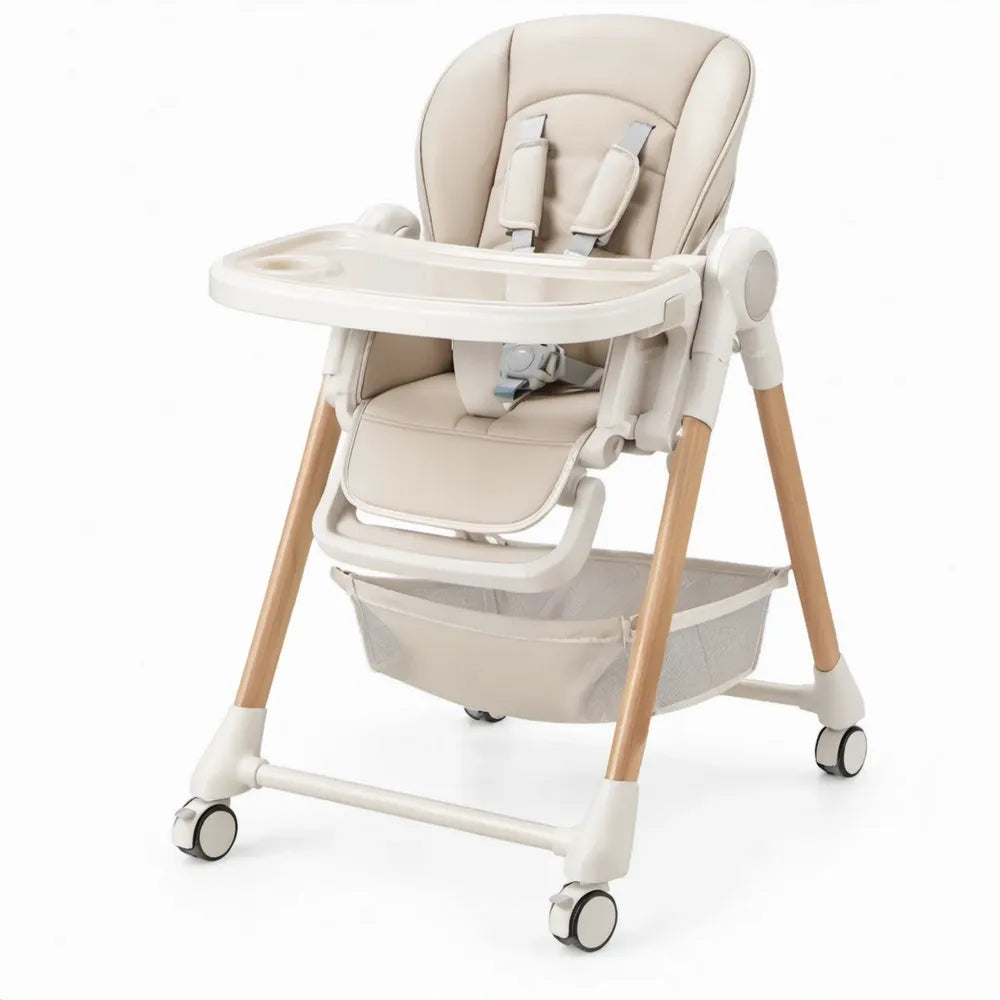 Meegroeiende kinderstoel met wielen en eetblad, beige/naturel/wit, 60 x 80 x 105 cm