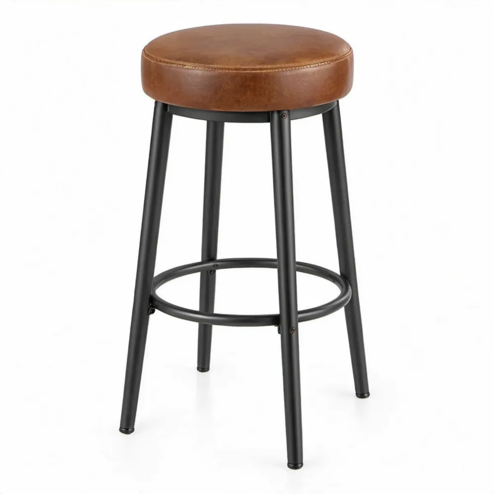Ronde barkruk 75 cm met bruine PU-kunstleren zitting en zwart stalen onderstel