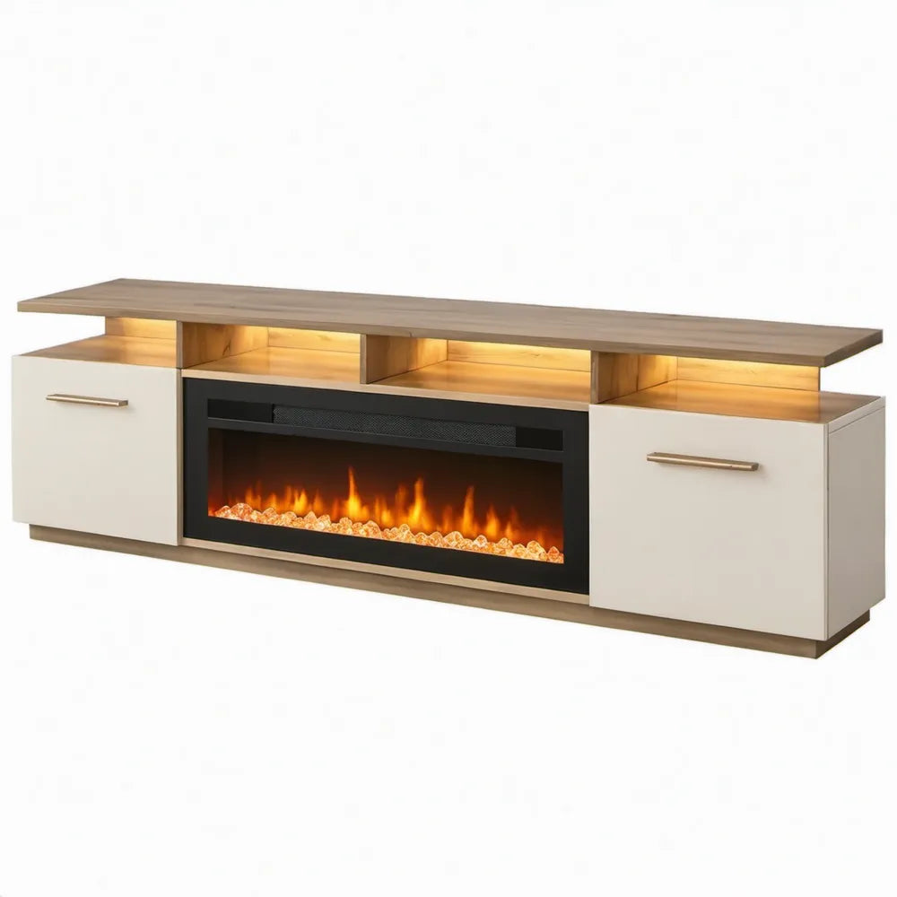 Tv-meubel met elektrische haard en ledverlichting, 180 x 40 x 60 cm, wit/walnootkleurig/zwart/goudkleurig
