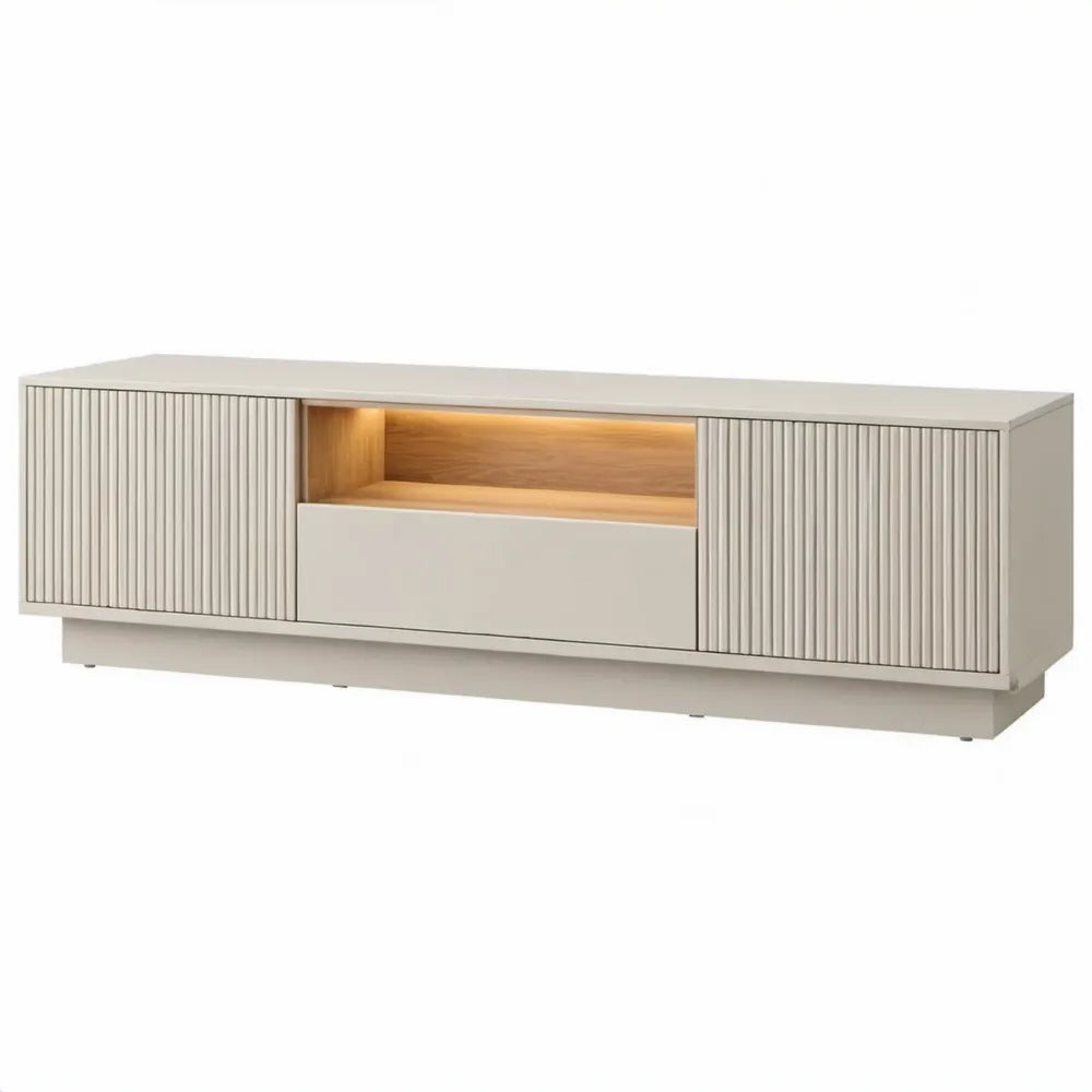 TV-meubel met LED-verlichting, 2 deuren en lade, 180 x 40 x 55 cm, crème/naturel eiken, MDF