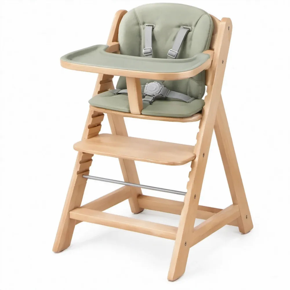 Meegroeistoel voor kinderen met eetblad, 79,5 x 49,5 x 49 cm, naturelhout en saliegroen
