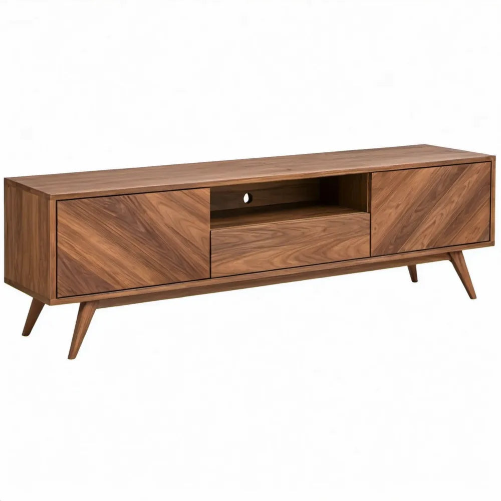TV-meubel van massief walnotenhout, 180 x 40 x 50 cm, walnootbruin, met 2 deuren, lade en open vak