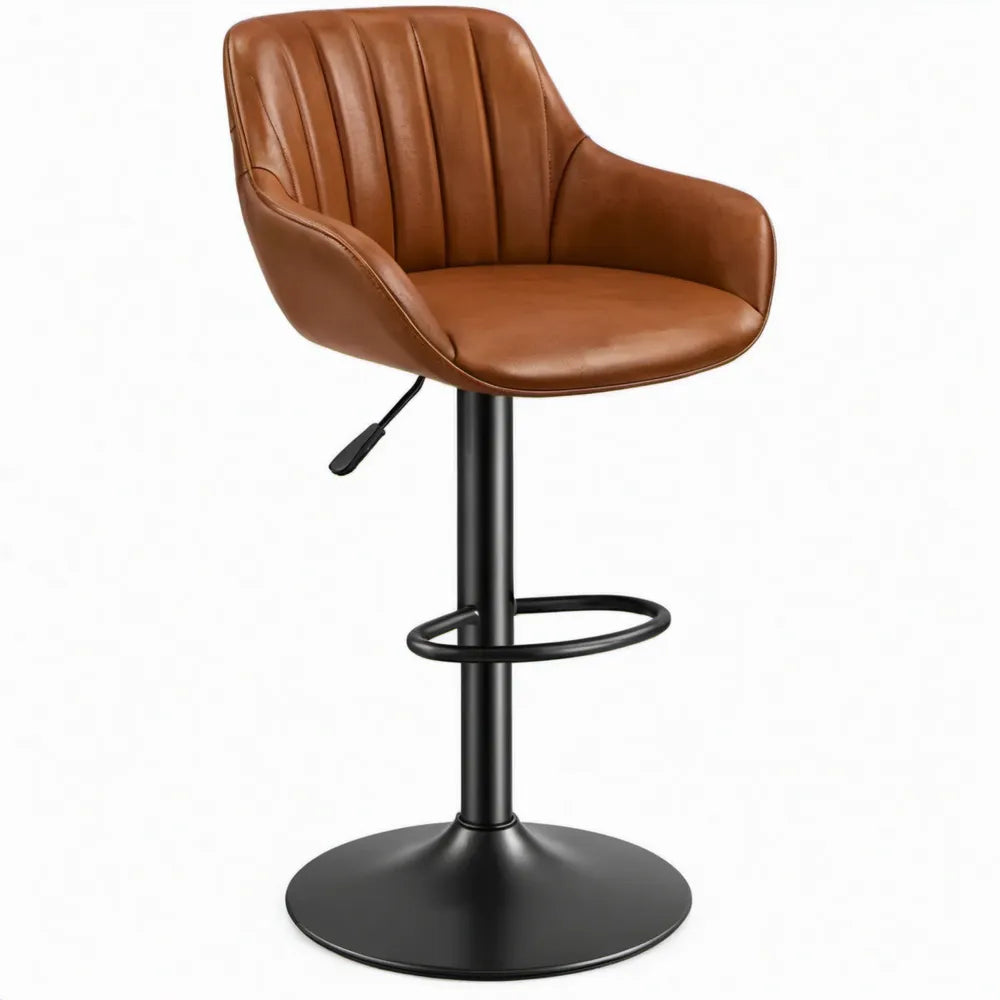 Verstelbare en draaibare barkruk met armleuningen, 52 x 51 x 86-107 cm, cognac en zwart