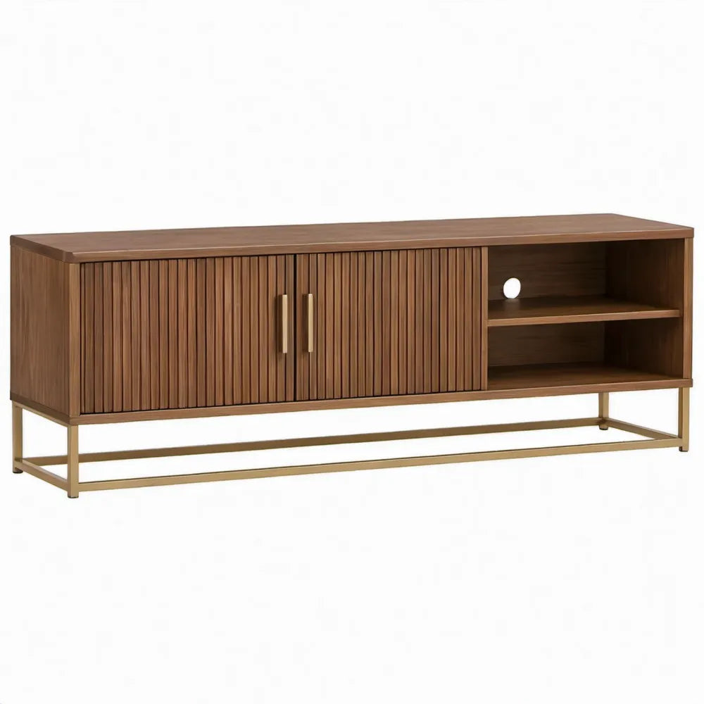 TV-meubel met 2 geribbelde deuren en open vakken, 160 x 40 x 60 cm, walnootbruin/goudkleurig