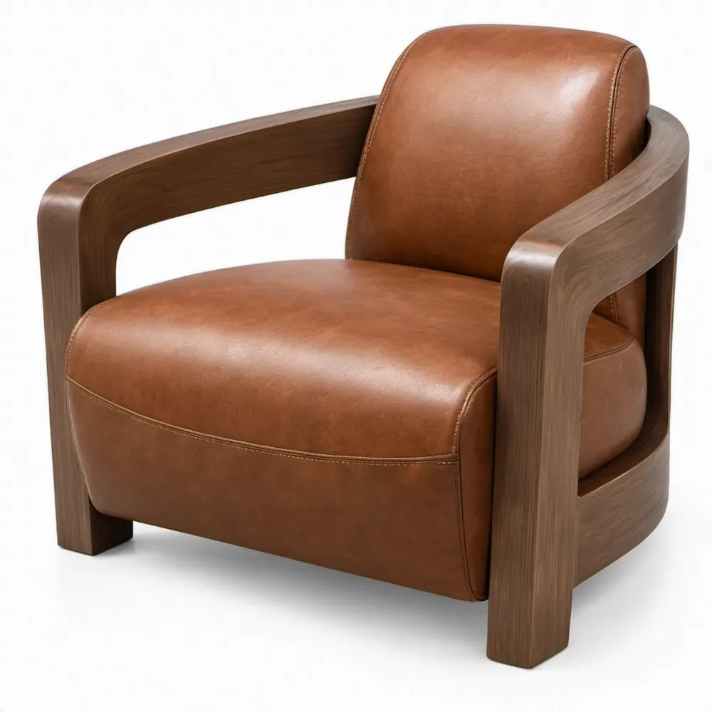 Fauteuil met armleuningen van cognacbruin PU-leer en walnootbruin massief rubberhout, 76 x 82 x 78 cm